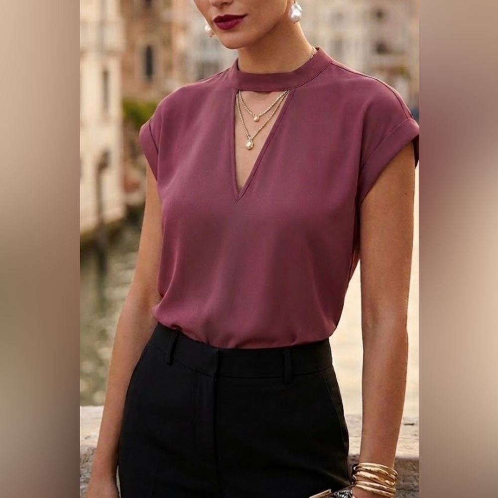 Express Red Pleated Cap Sleeve Blouse with Mandarin Collar